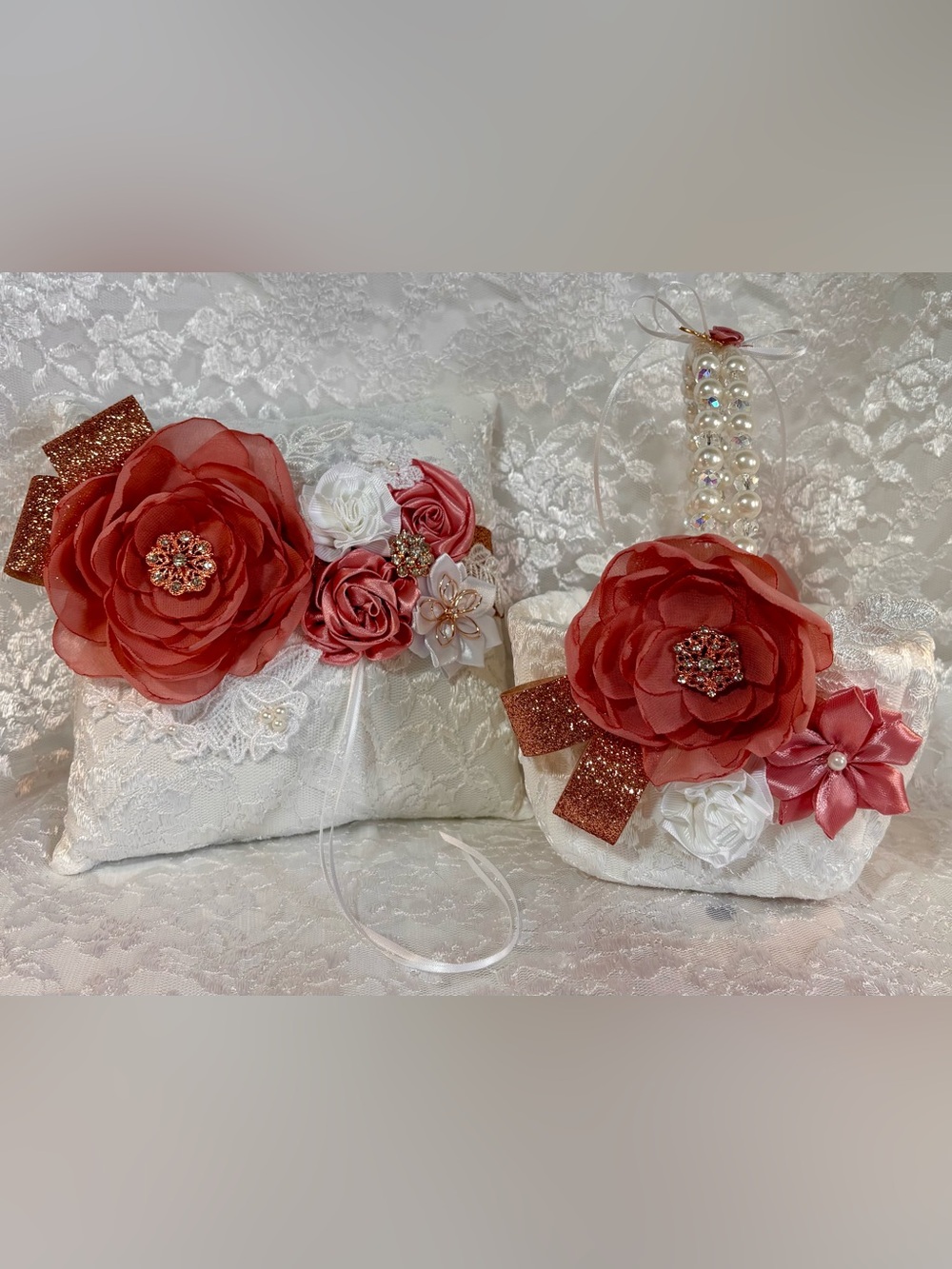 🌸 Handmade Rose Gold and White Ring Pillow and Flower Basket Set